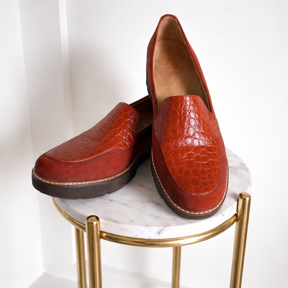 Shoes - Burnt Rust Leather Platform Loafers | Croc Embossed | Chunky 90s Minimal